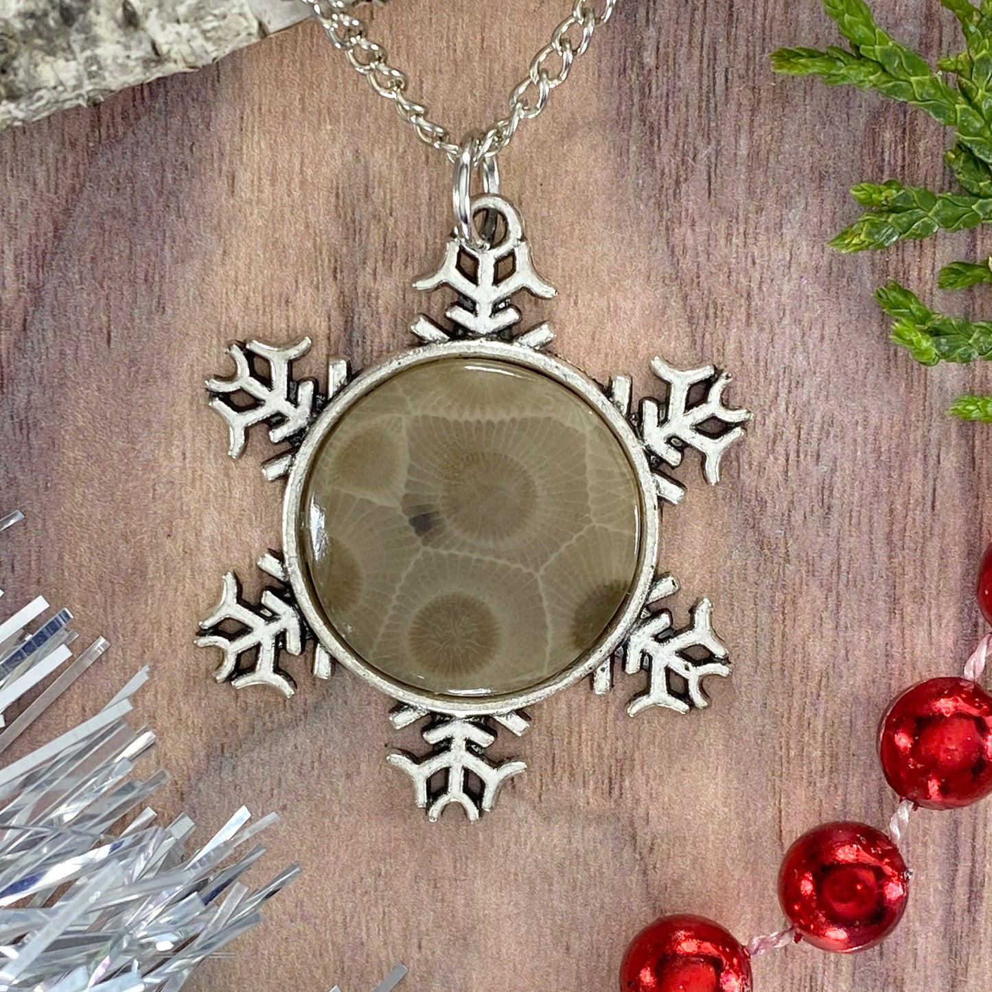 Petoskey Stone Snowflake Pendant Necklace C - Stone Treasures by the Lake