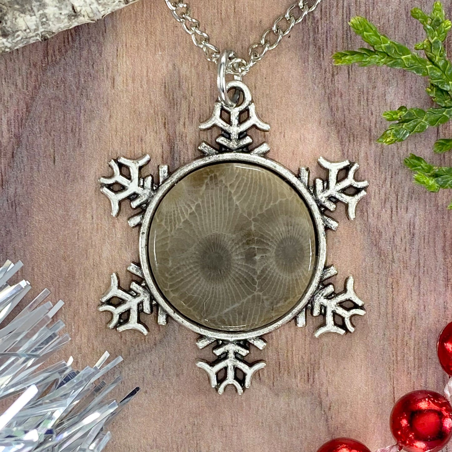 Petoskey Stone Snowflake Pendant Necklace E - Stone Treasures by the Lake