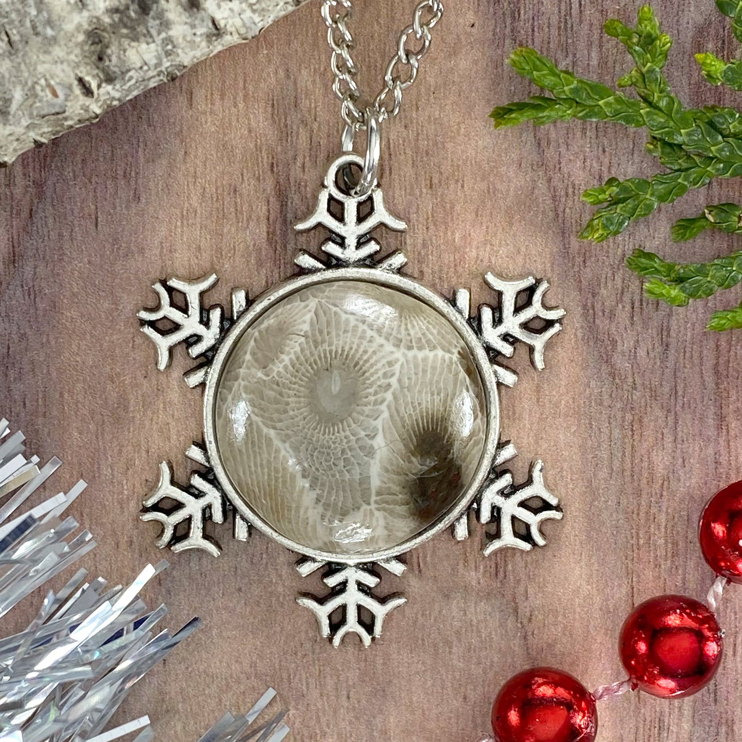 Petoskey Stone Snowflake Pendant Necklace F - Stone Treasures by the Lake