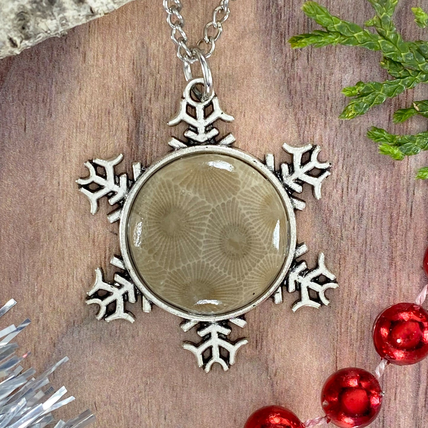 Petoskey Stone Snowflake Pendant Necklace K - Stone Treasures by the Lake