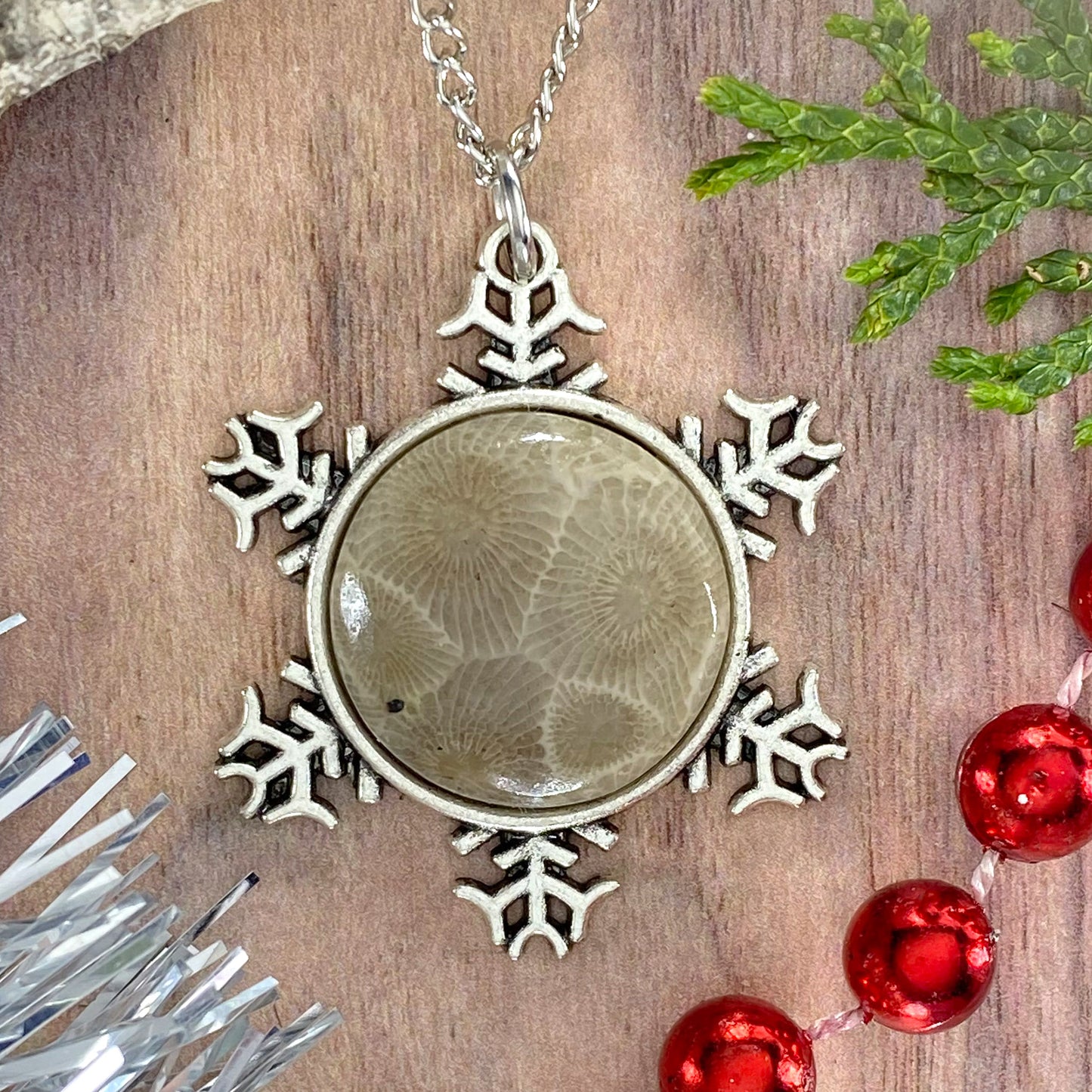 Petoskey Stone Snowflake Pendant Necklace L - Stone Treasures by the Lake
