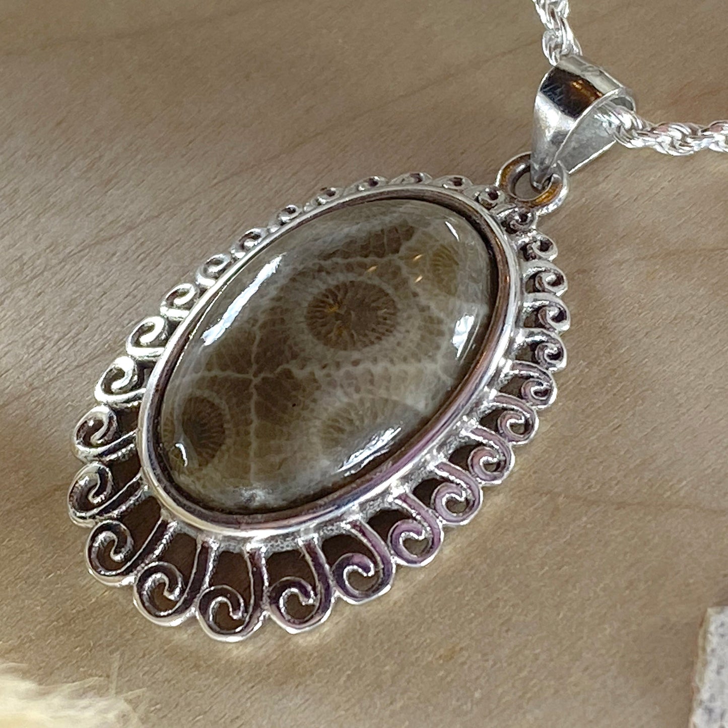 Petoskey Stone Pendant Necklace Front View - Stone Treasures by the Lake