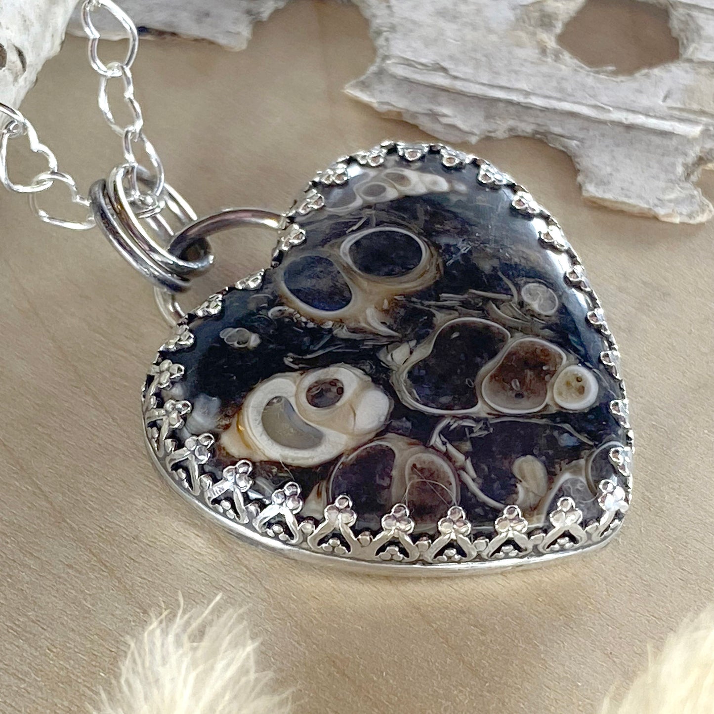 Turritella Agate Heart Pendant Necklace - Stone Treasures by the Lake