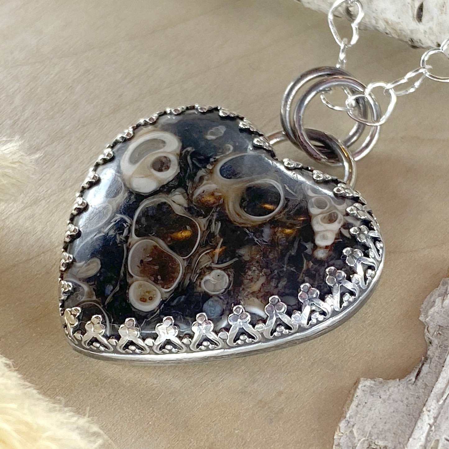 Turritella Agate Heart Pendant Necklace - Stone Treasures by the Lake
