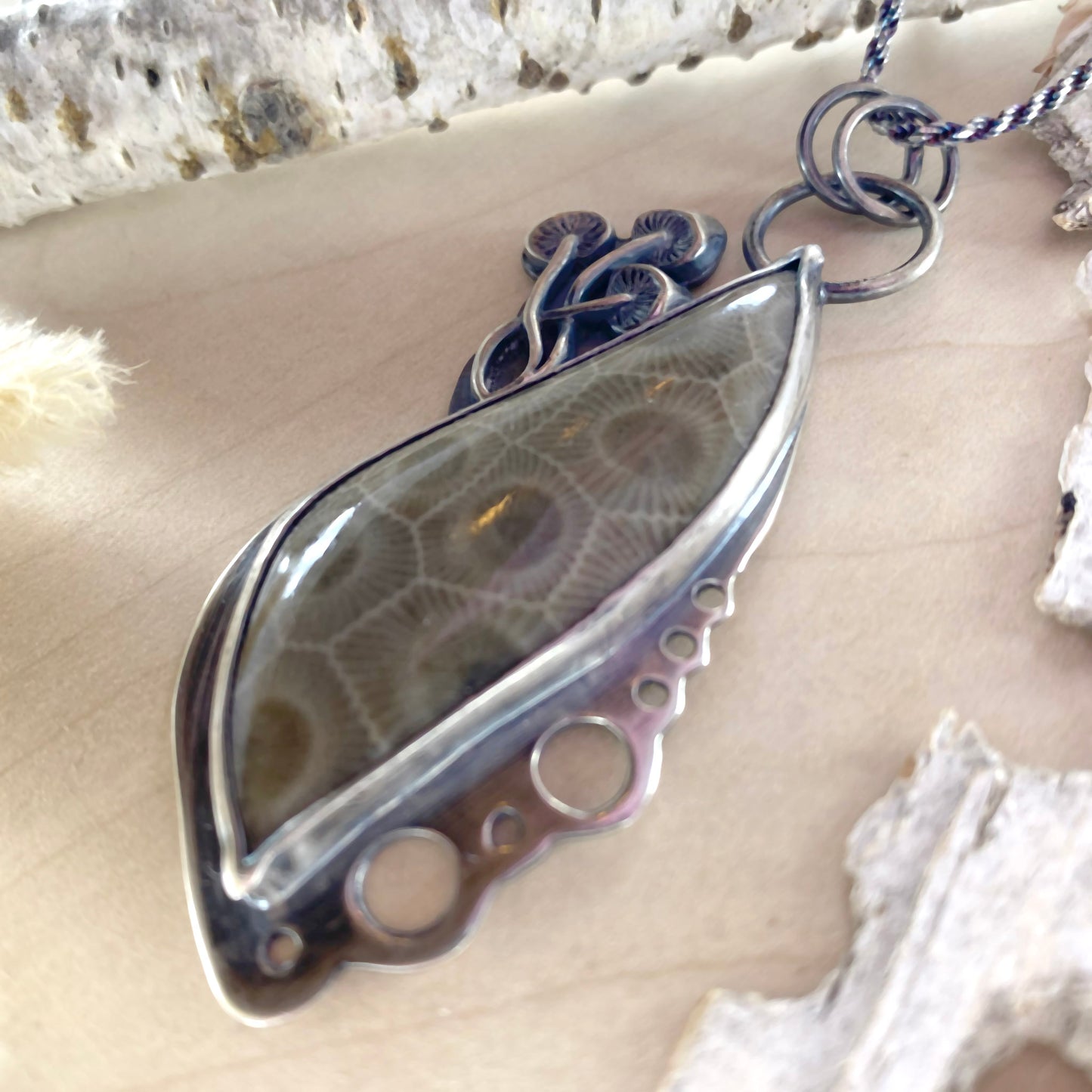 Petoskey Stone Mushroom Pendant Necklace Front View - Stone Treasures by the Lake