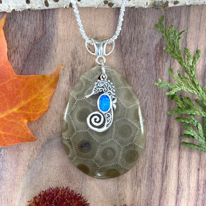 Petoskey Stone Seahorse Charm Pendant Front View - Stone Treasures by the Lake