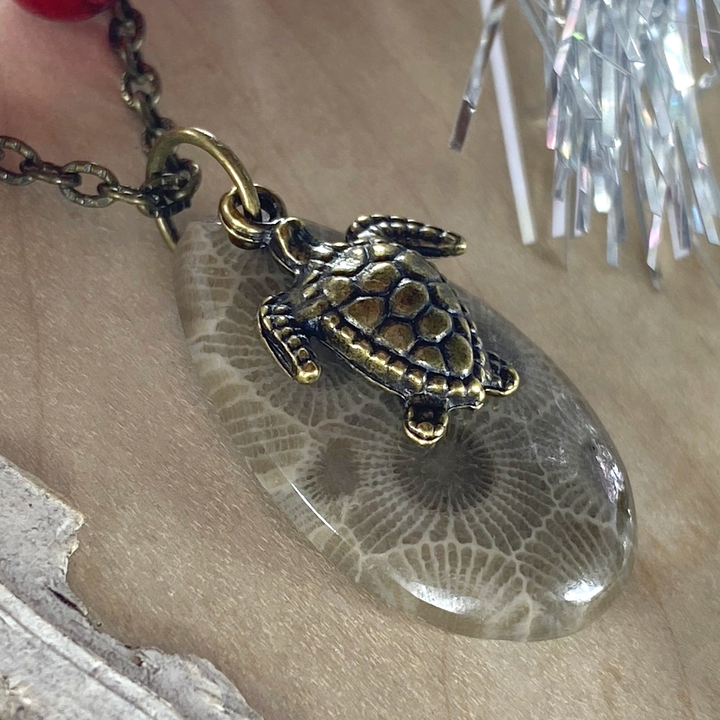 Petoskey Stone Turtle Charm Pendant Necklace - Stone Treasures by the Lake