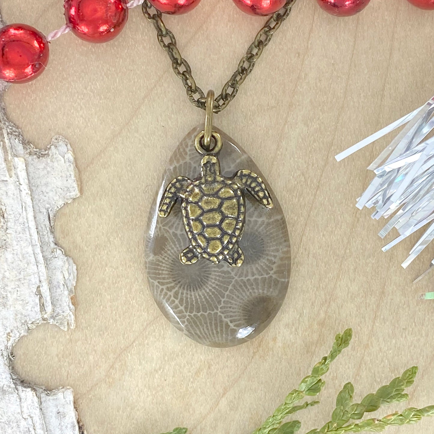 Petoskey Stone Turtle Charm Pendant Necklace - Stone Treasures by the Lake