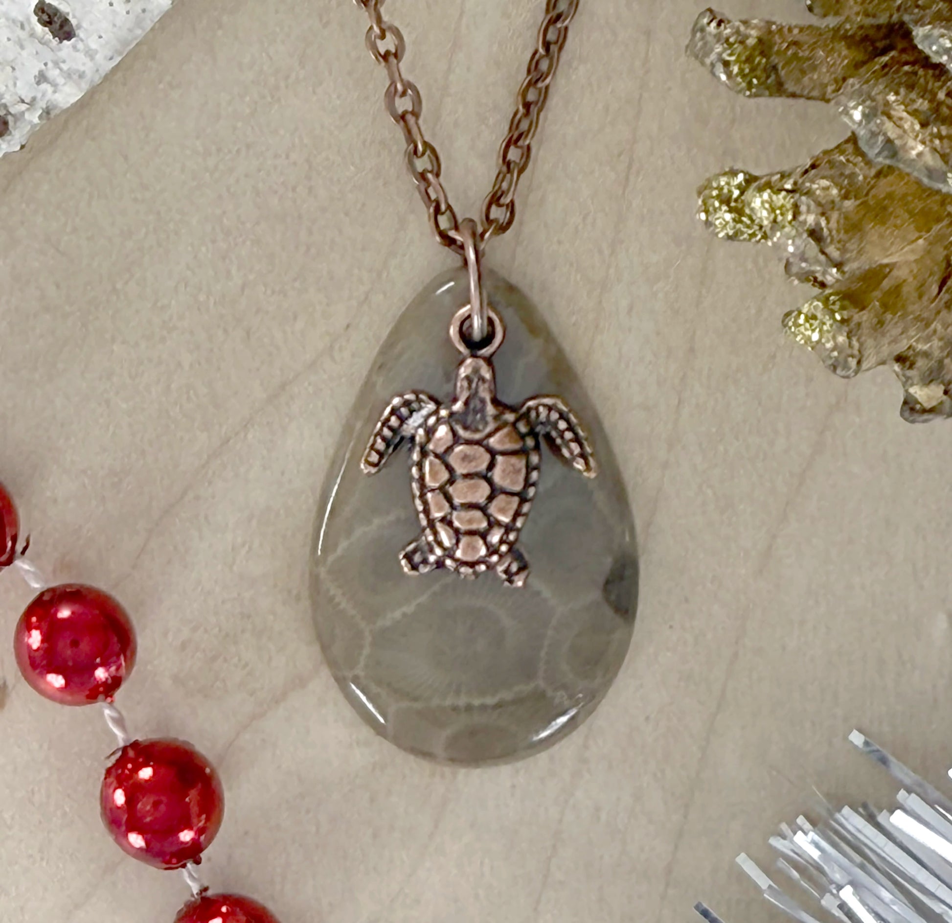 Petoskey Stone Turtle Pendant Necklace - Stone Treasures by the Lake