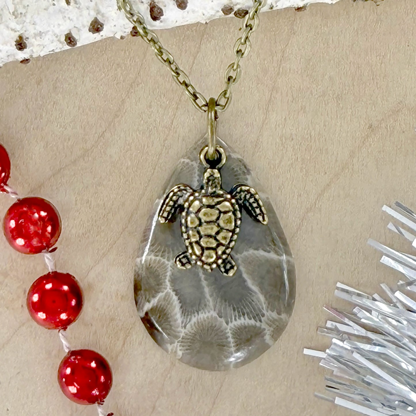 Petoskey Stone Turtle Pendant Necklace - Stone Treasures by the Lake