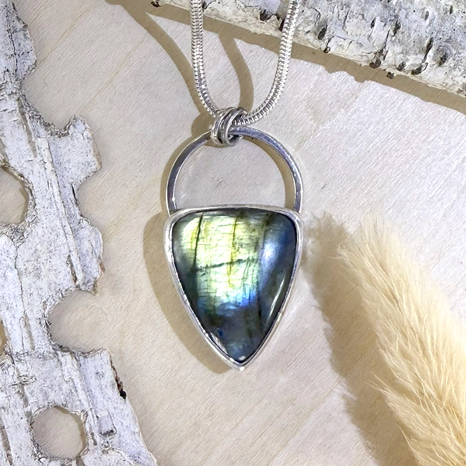 Labradorite with Wolf Design Pendant Necklace - Stone Treasures by the Lake