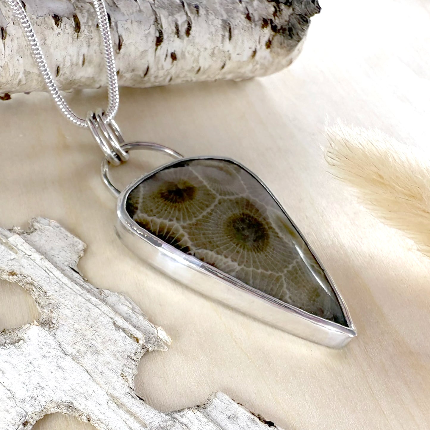 Petoskey Stone with Bear Engraving Pendant Necklace - Stone Treasures