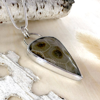 Petoskey Stone with Bear Engraving Pendant Necklace - Stone Treasures