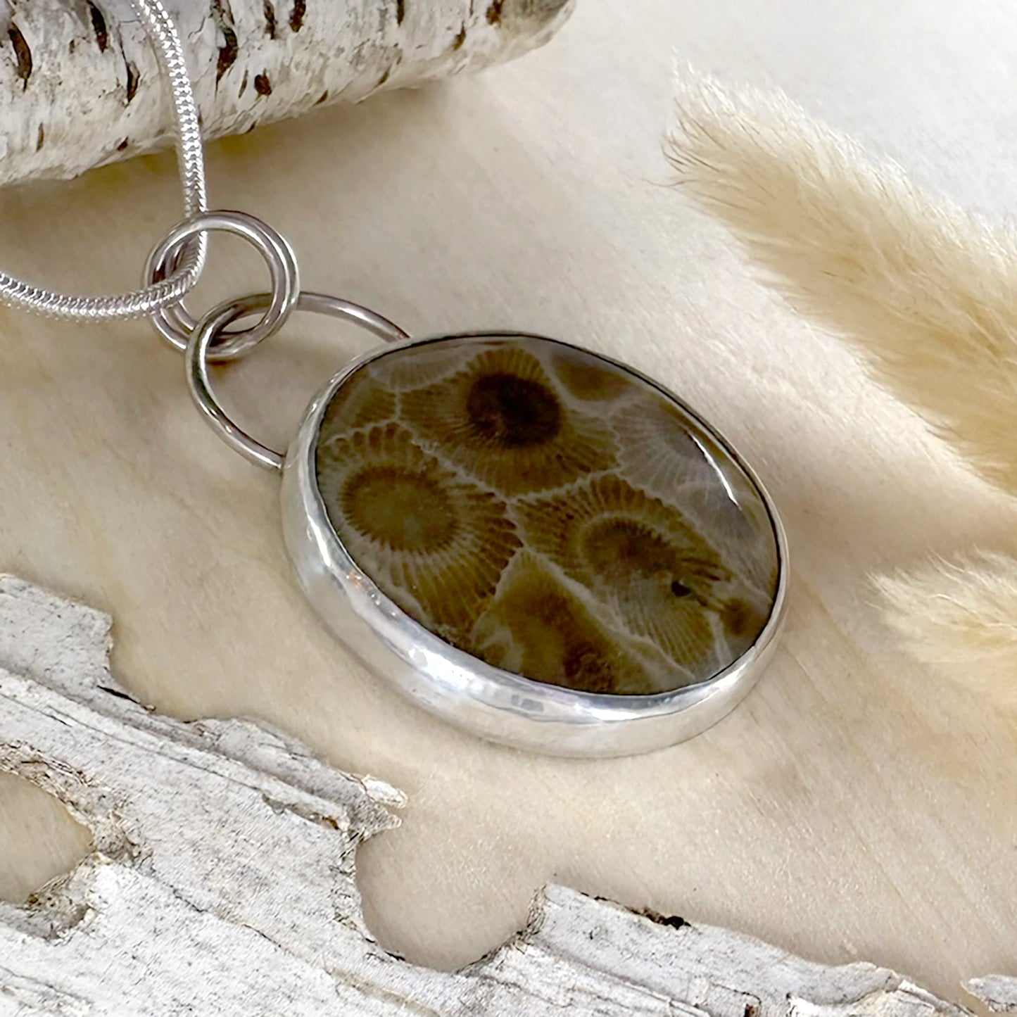 Petoskey Stone with Fron and Lotus Pendant Necklace - Stone Treasures 