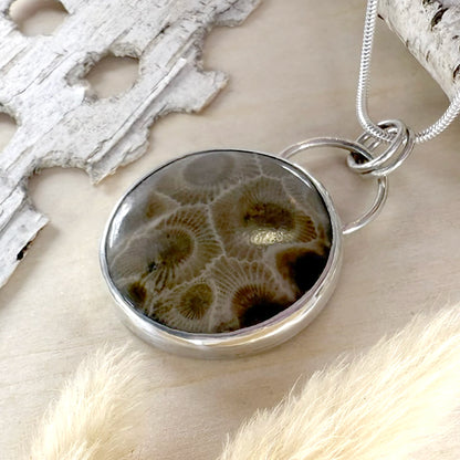 Petoskey Stone with Fron and Lotus Pendant Necklace - Stone Treasures 