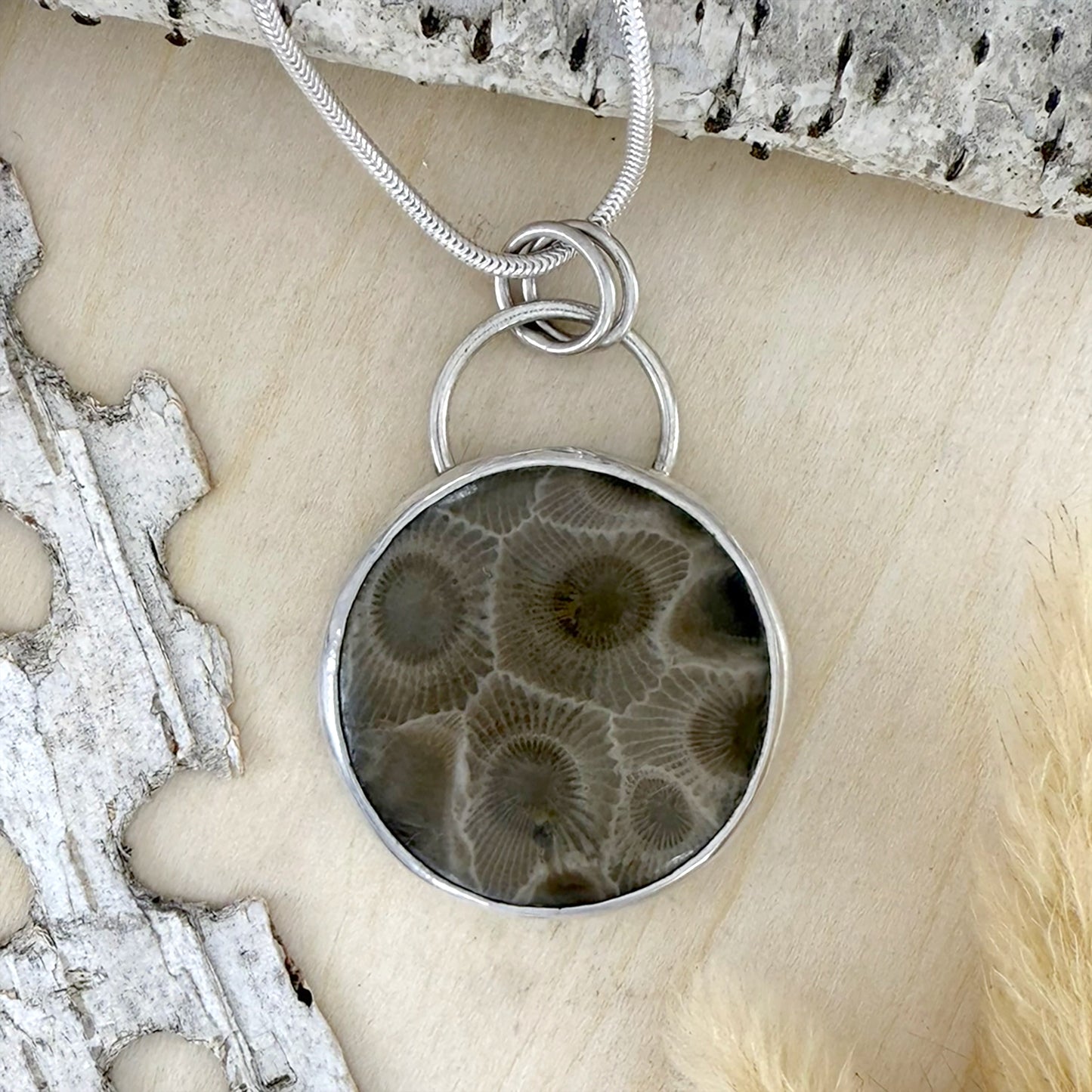 Petoskey Stone with Fron and Lotus Pendant Necklace - Stone Treasures 