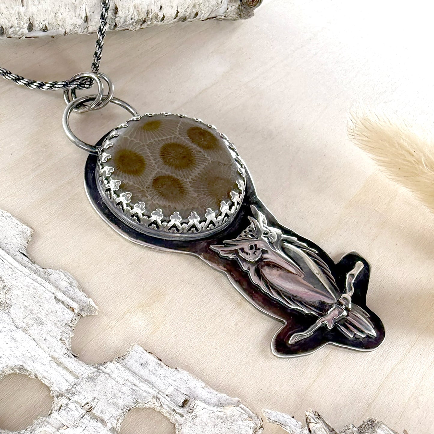 Petoskey Stone with Owl Pendant Necklace - Stone Treasures