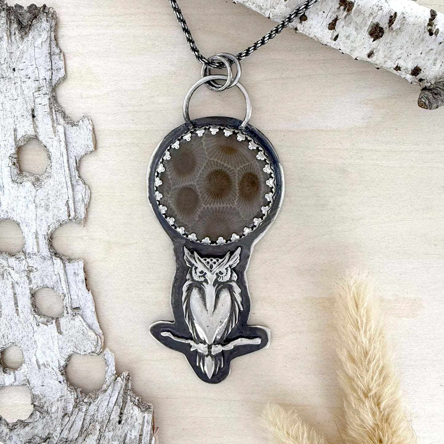 Petoskey Stone with Owl Pendant Necklace - Stone Treasures