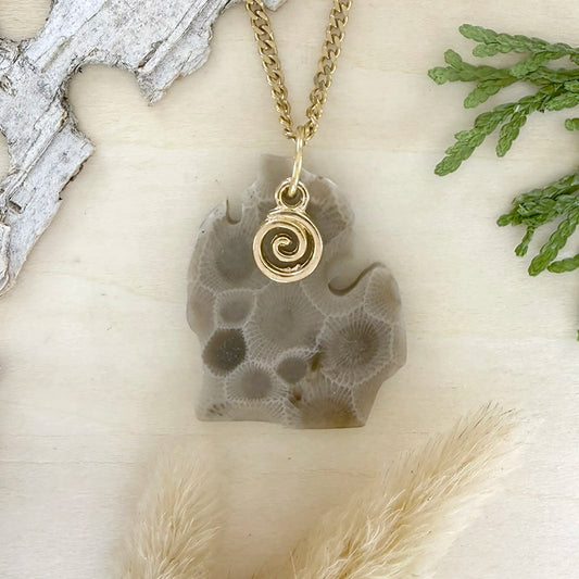 Michigan Shaped Petoskey Stone Swirl Pendant Necklace - Stone Treasures by the Lake