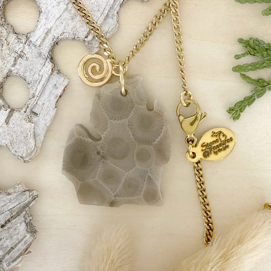 Michigan Shaped Petoskey Stone Swirl Pendant Necklace - Stone Treasures by the Lake