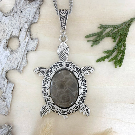Petoskey Stone Turtle Pendant Necklace - Stone Treasures by the Lake