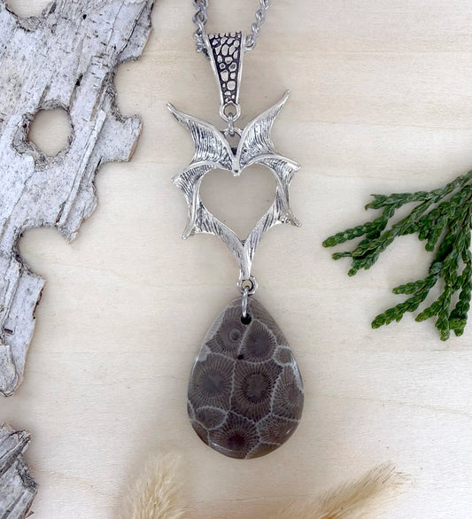 Petoskey Stone Heart Charm Pendant Necklace - Stone Treasures by the Lake