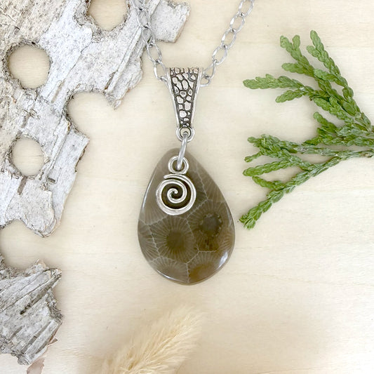 Petoskey Stone Swirl Pendant Necklace - Stone Treasures by the Lake