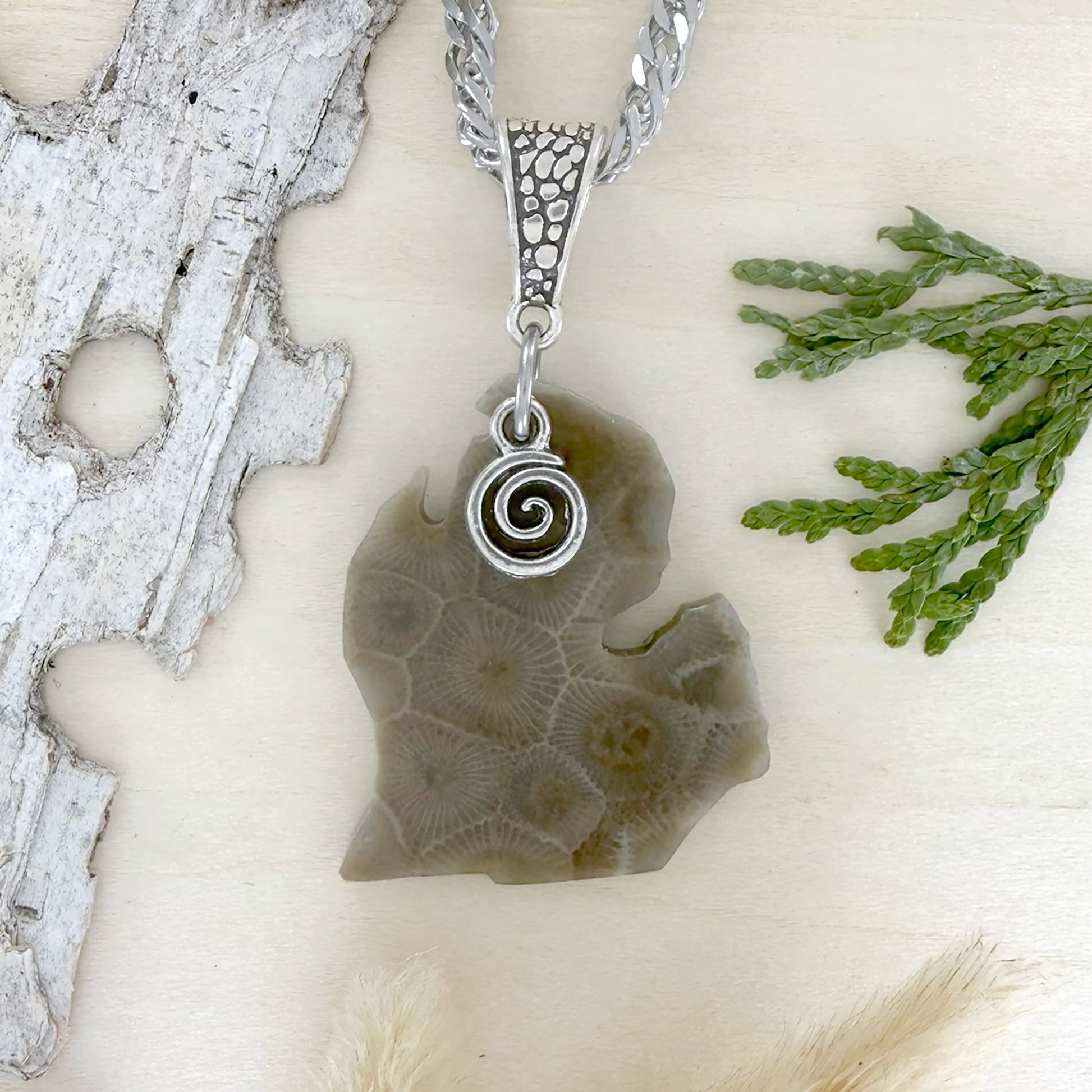 Michigan Shaped Petoskey Stone Swirl Pendant Necklace - Stone Treasures by the Lake