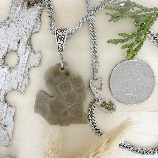 Michigan Shaped Petoskey Stone Swirl Pendant Necklace - Stone Treasures by the Lake
