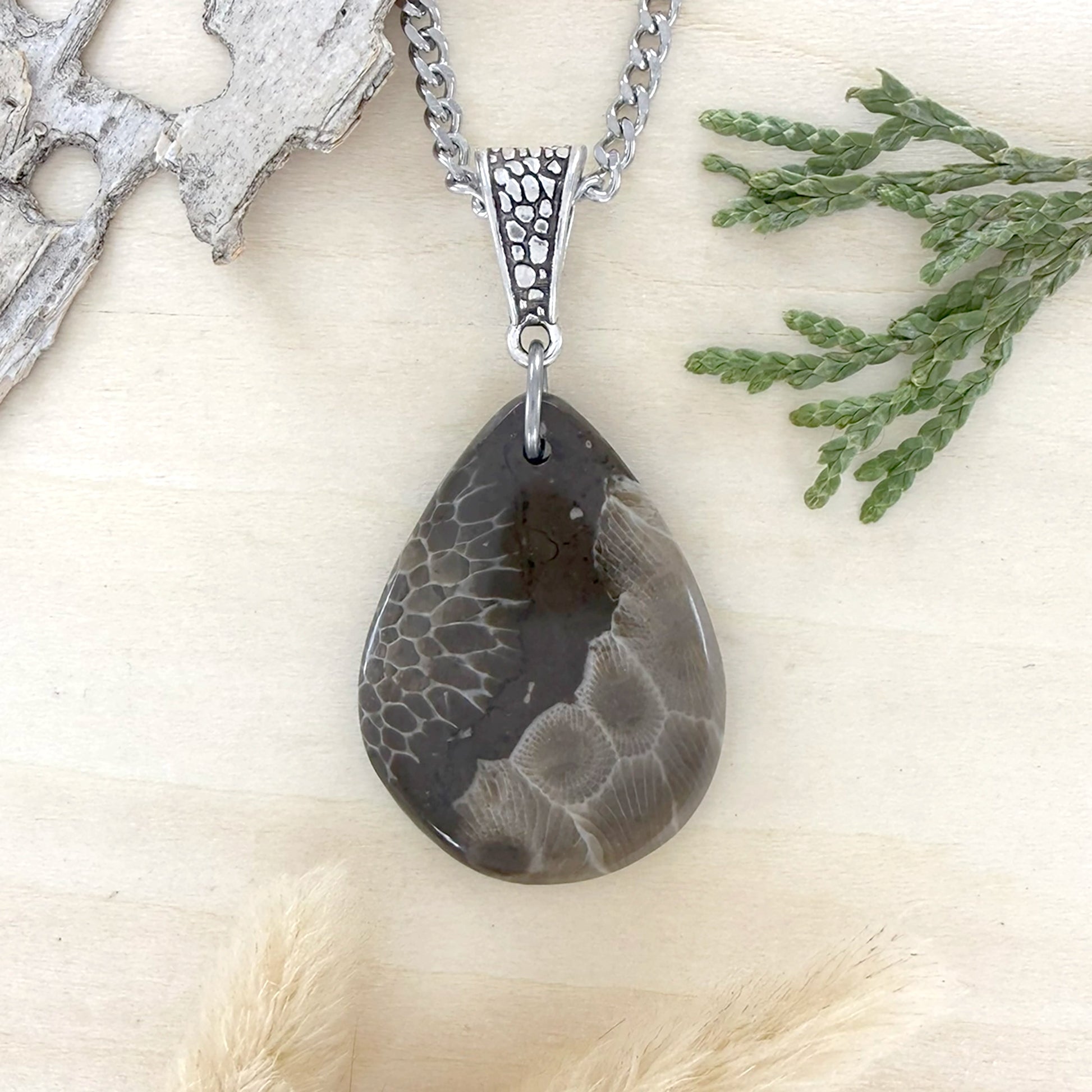 Petoskey Stone and Cladopora Fossil Pendant Necklace - Stone Treasures by the Lake