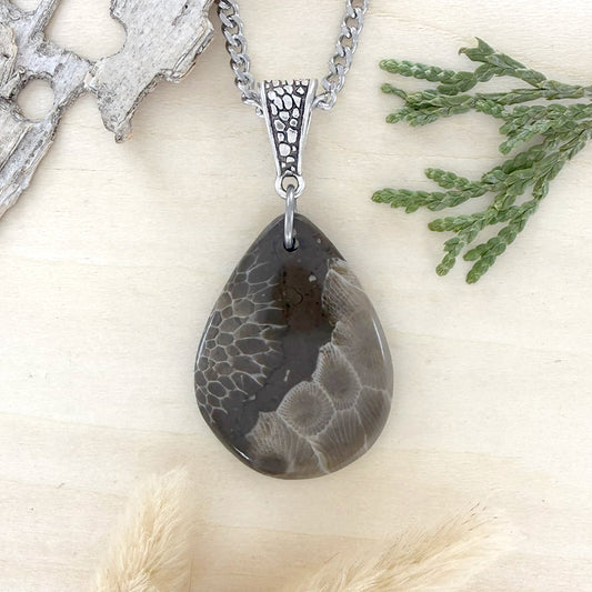 Petoskey Stone and Cladopora Fossil Pendant Necklace - Stone Treasures by the Lake