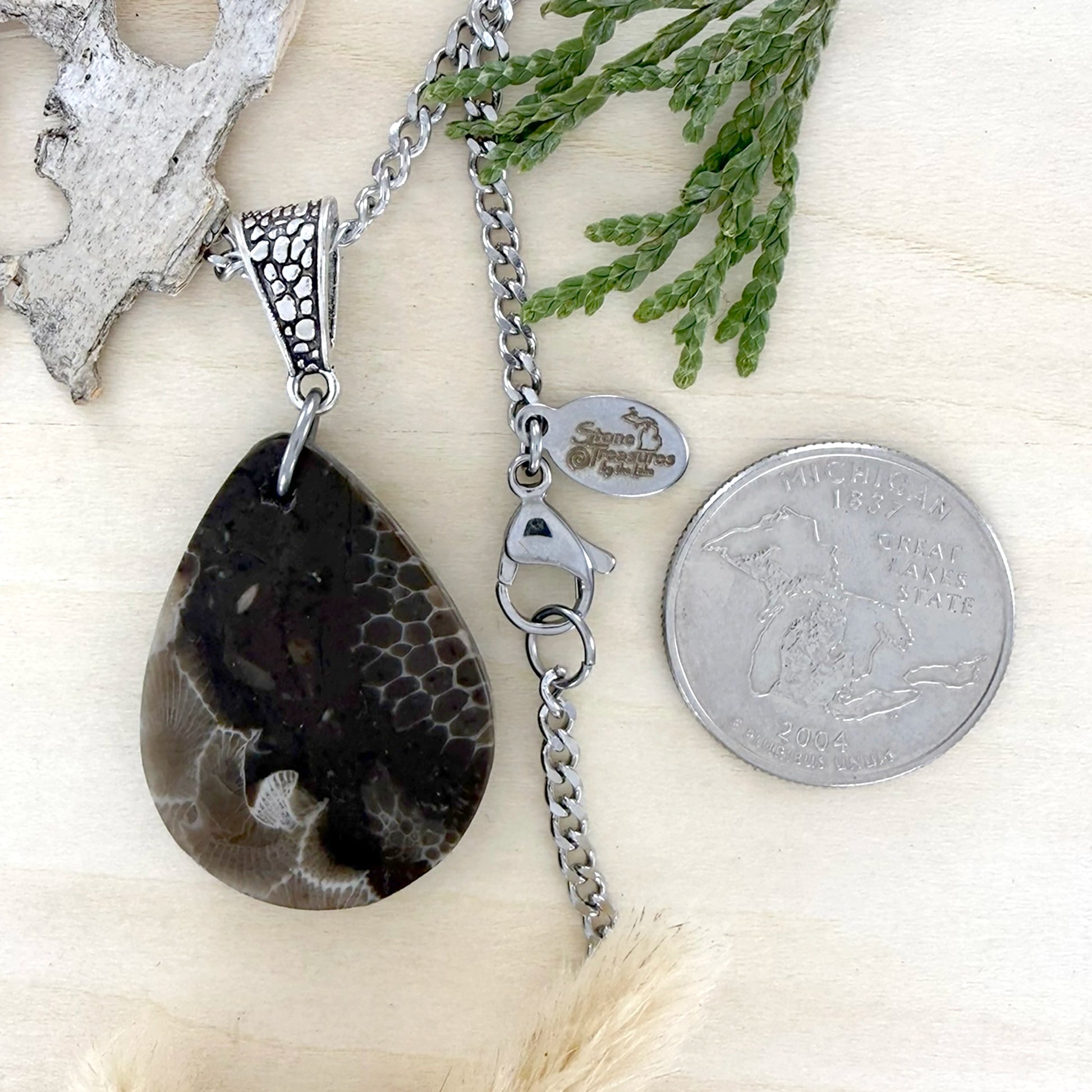 Petoskey Stone and Cladopora Fossil Pendant Necklace - Stone Treasures by the Lake