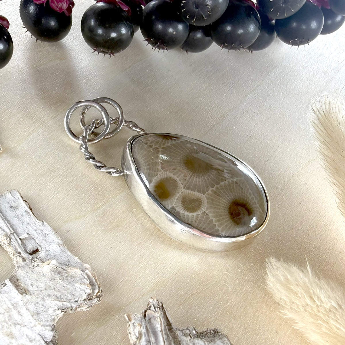 Handcrafted Sterling Silver Petoskey Stone Pendant – Michigan State Stone