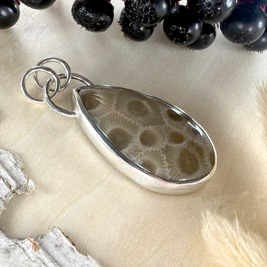 Handcrafted Sterling Silver Petoskey Stone Pendant – Michigan State Stone