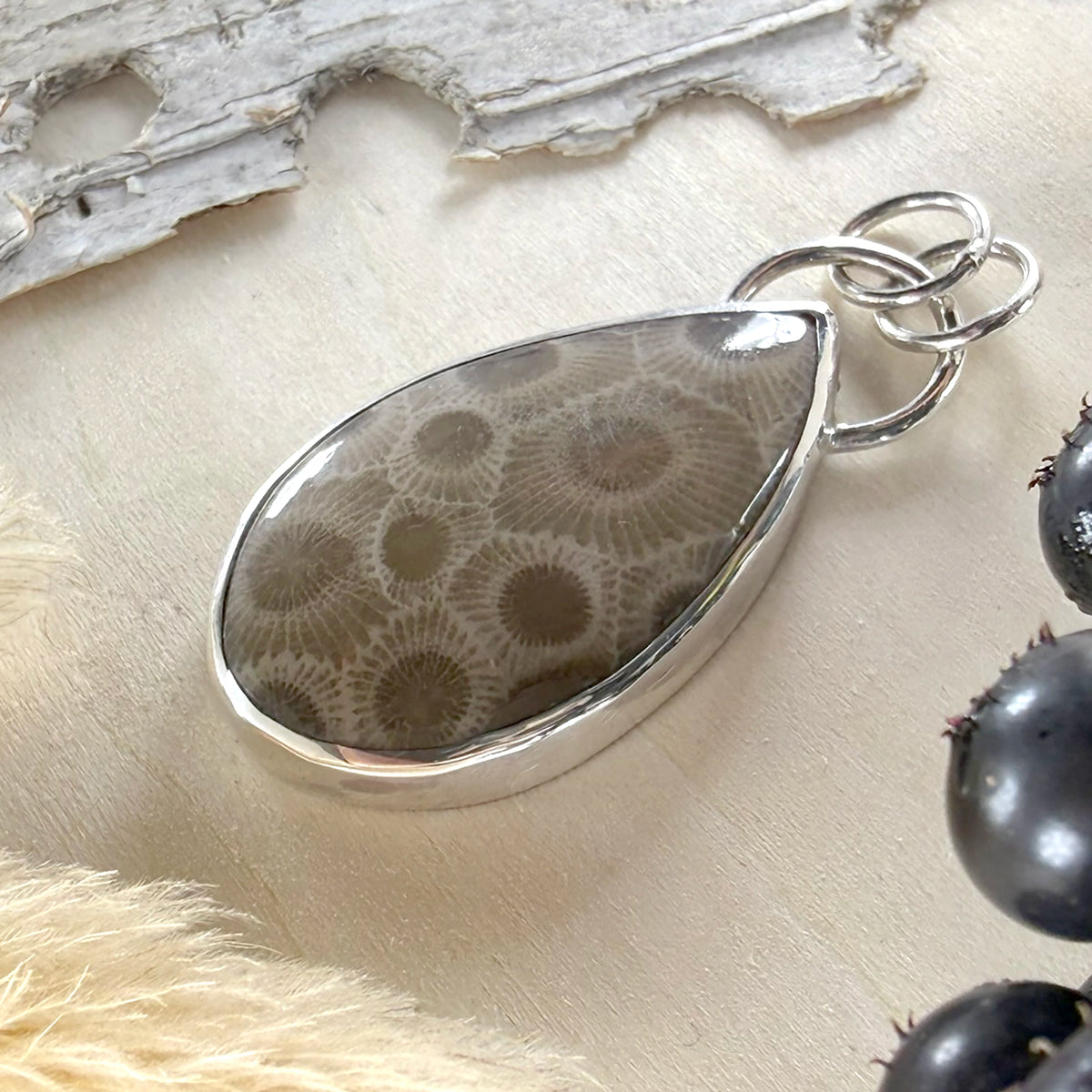 Handcrafted Sterling Silver Petoskey Stone Pendant – Michigan State Stone