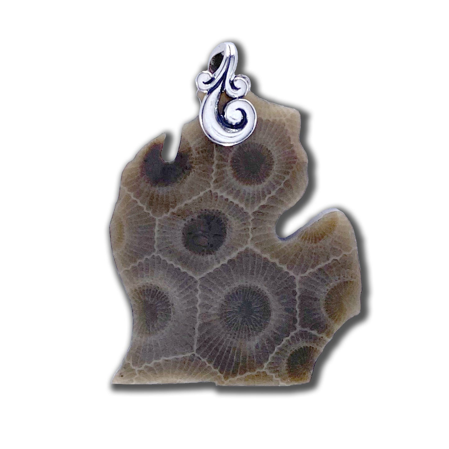 Michigan-Shaped Petoskey Stone Pendant Front View - Stone Treasures by the Lake