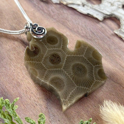 Michigan-Shaped Petoskey Stone Pendant Front View II - Stone Treasures by the Lake