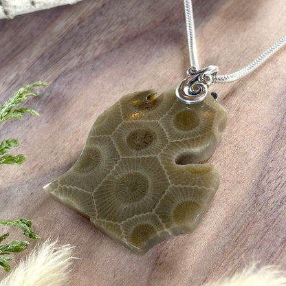 Michigan-Shaped Petoskey Stone Pendant Front View III - Stone Treasures by the Lake