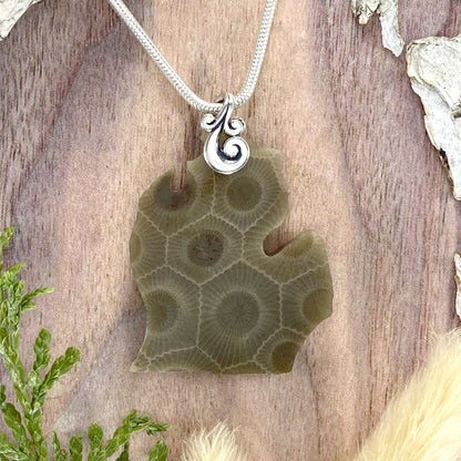 Michigan-Shaped Petoskey Stone Pendant Front View IV - Stone Treasures by the Lake