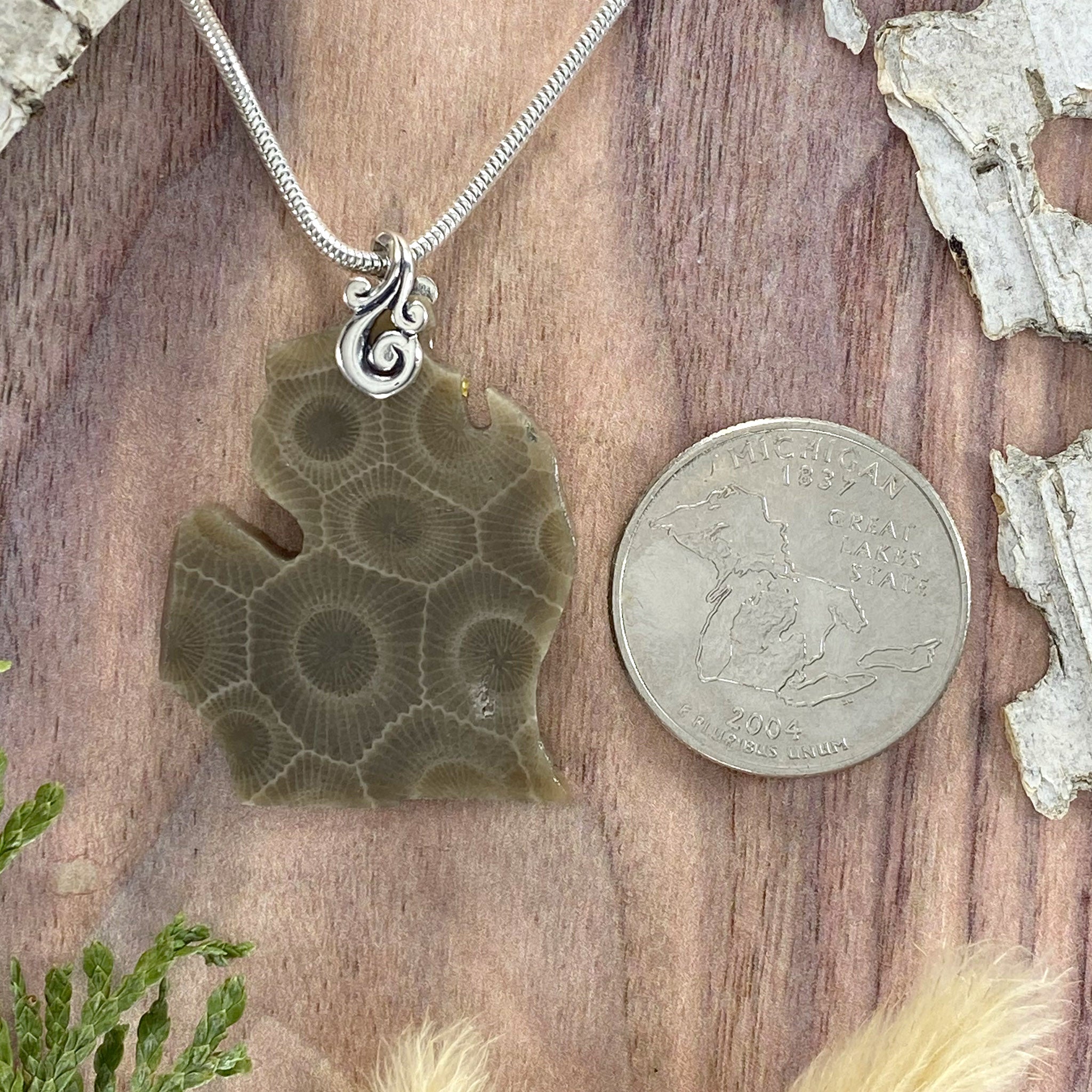 Michigan Shaped Petoskey Stone Pendant with Sterling Silver Clasp (with optional outlet Sterling Silver Chain)