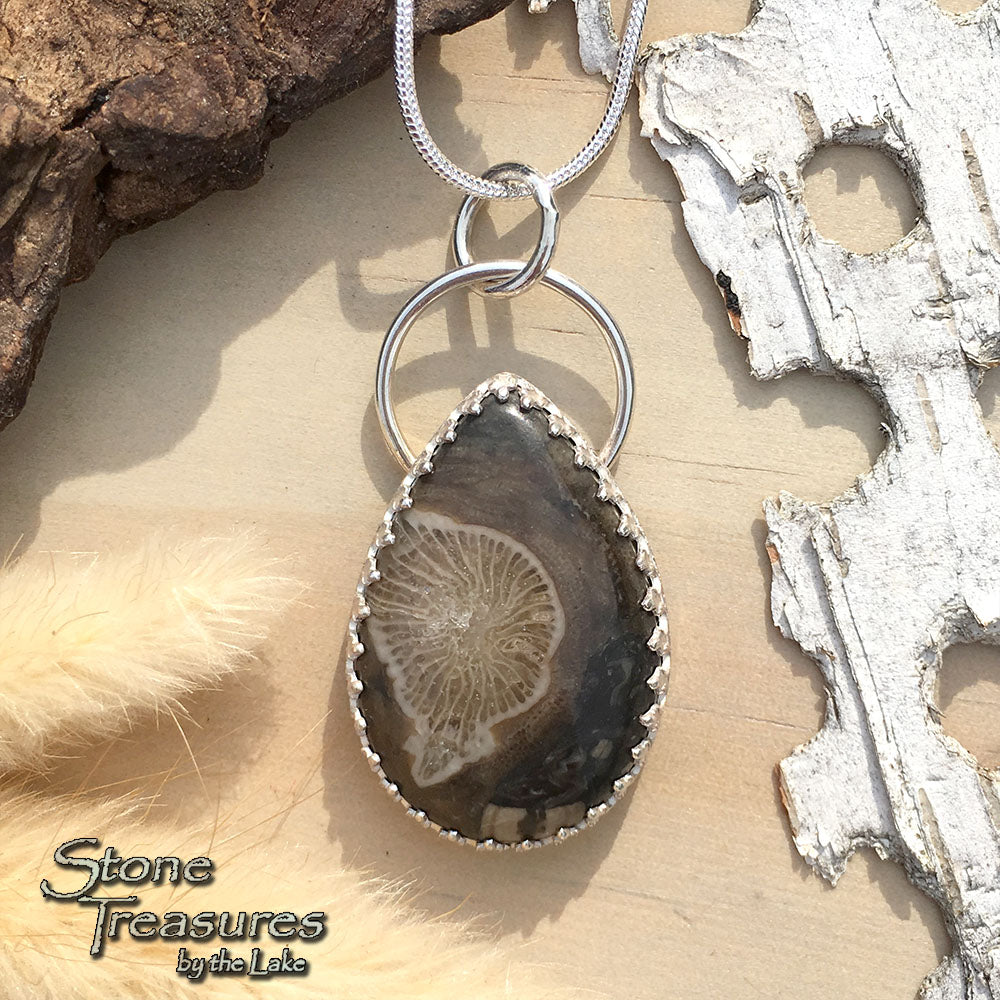 Thamnopora Fossil Pendant Necklace Front View2 - Stone Treasures by the Lake