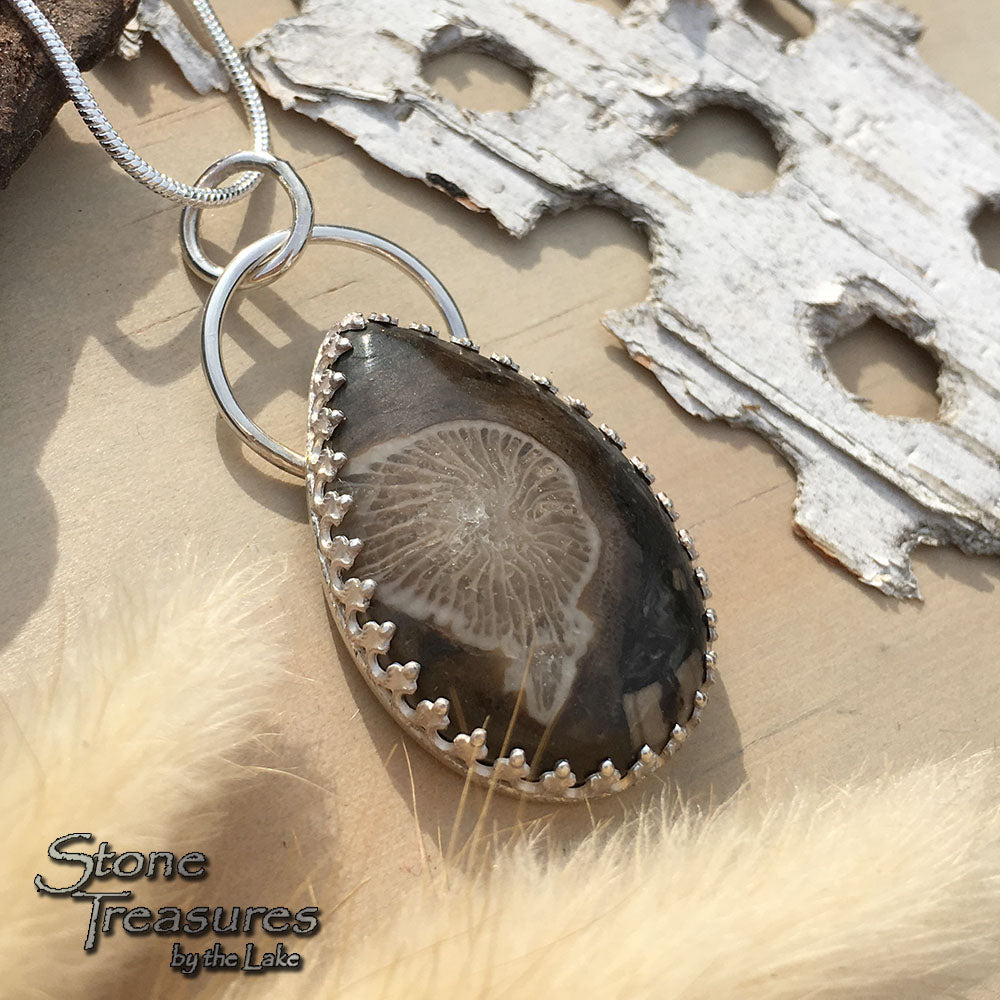 Thamnopora Fossil Pendant Necklace Front View - Stone Treasures by the Lake