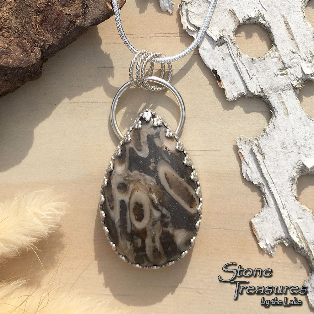 Aulocystis Fossil Pendant Necklace Front View2 - Stone Treasures by the Lake
