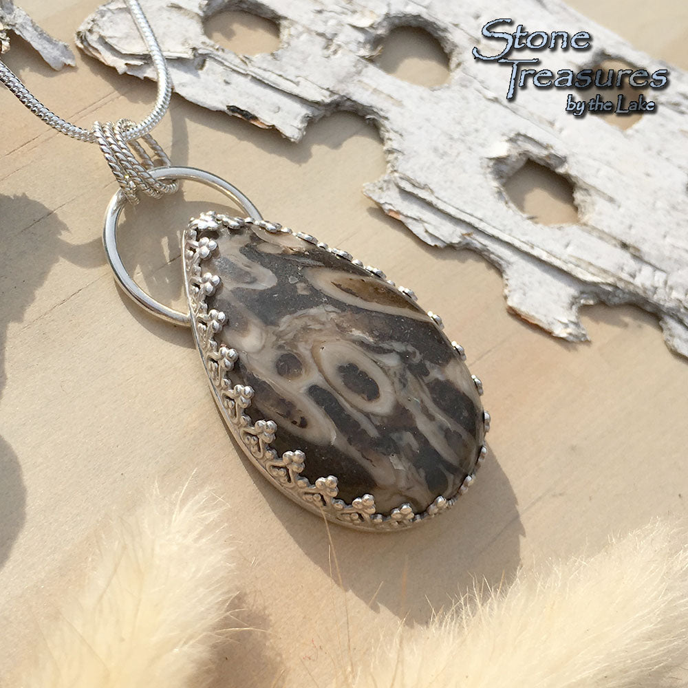 Aulocystis Fossil Pendant Necklace Front View - Stone Treasures by the Lake