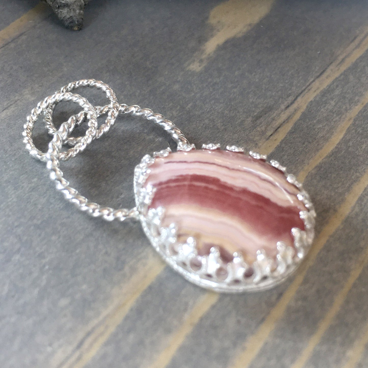 Rhodochrosite Pendant Front View II - Stone Treasures by the Lake