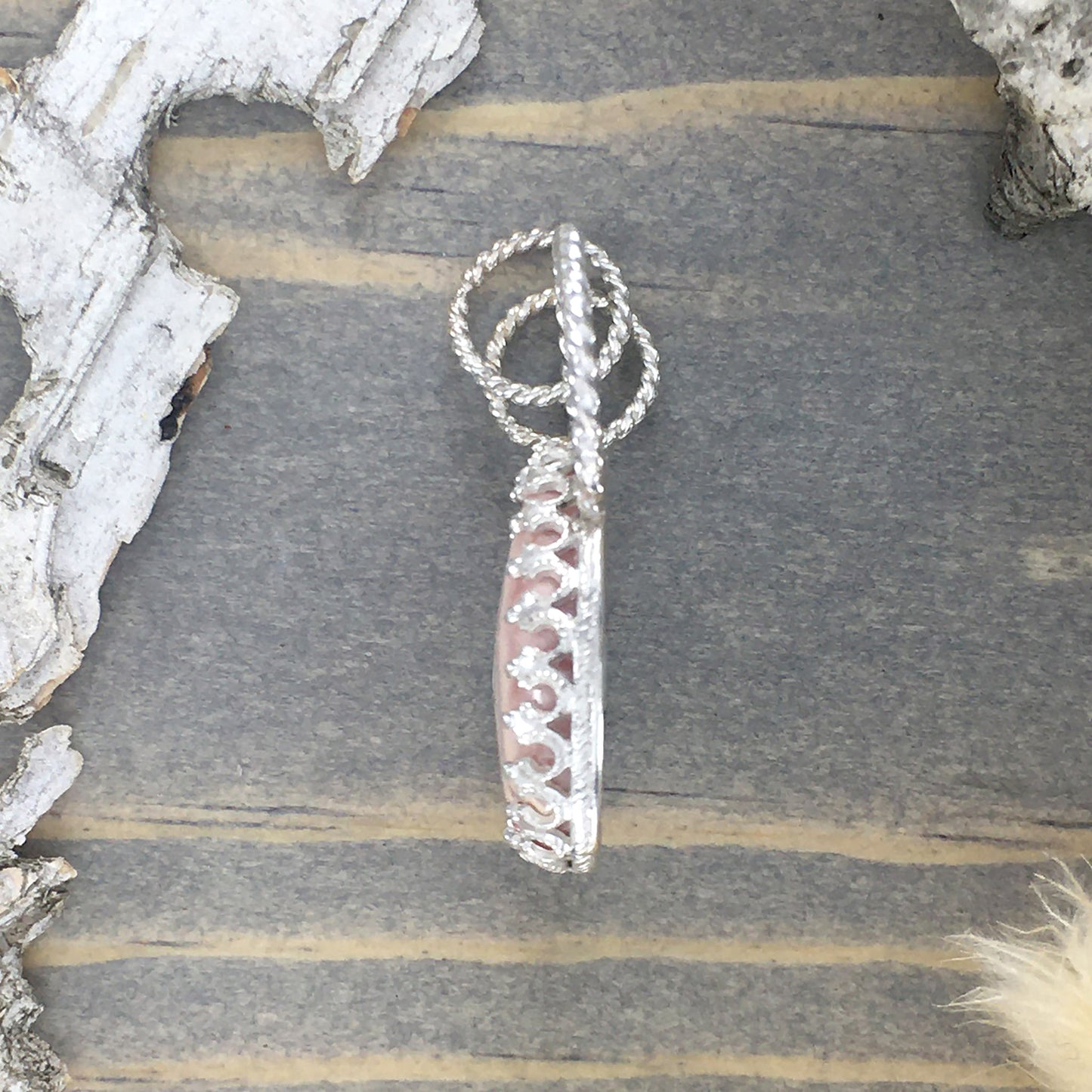 Rhodochrosite Pendant Side View - Stone Treasures by the Lake