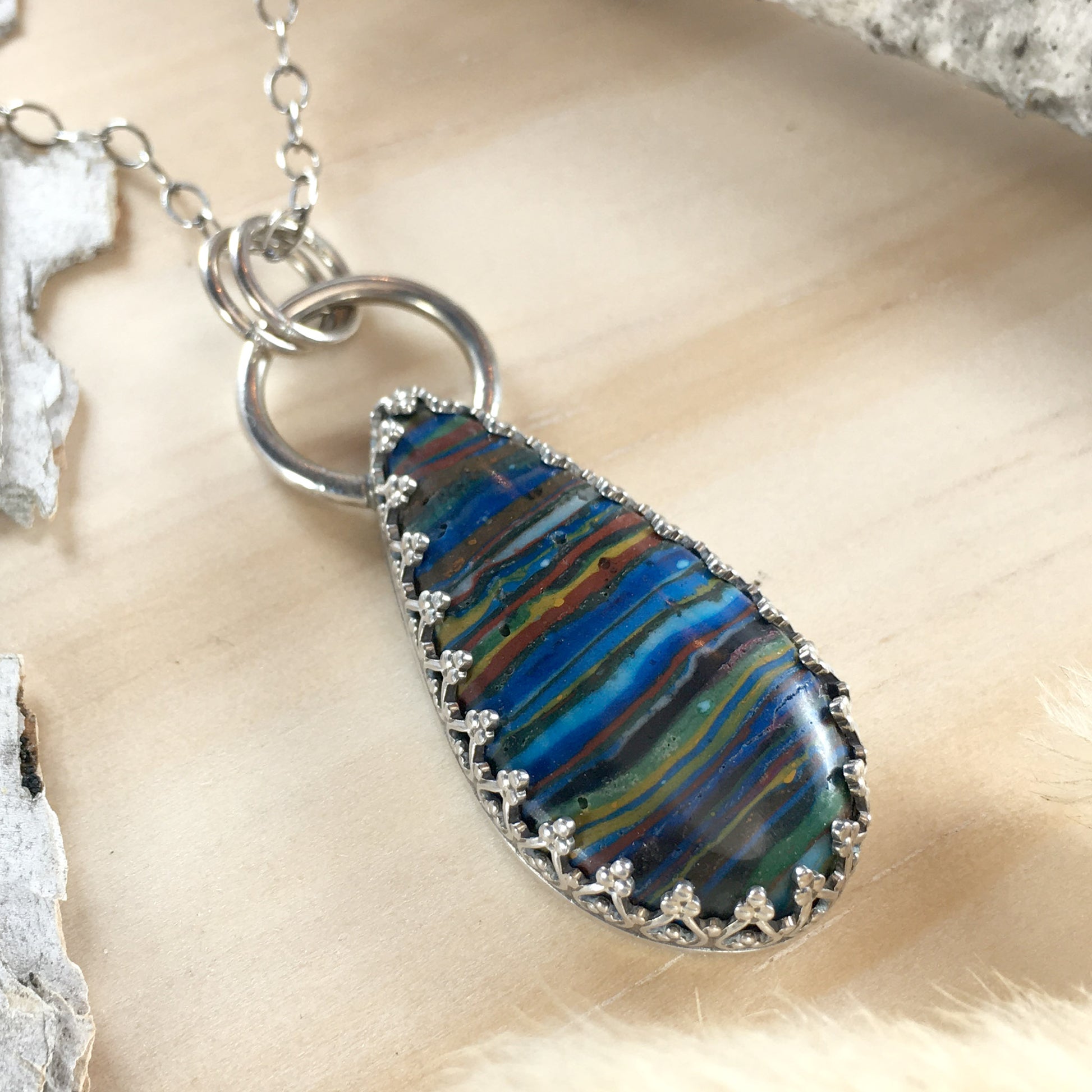 Rainbow Calsilica Pendant Necklace Front View - Stone Treasures by the Lake