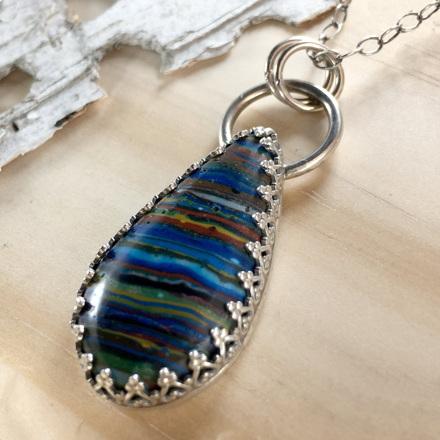 Rainbow Calsilica Pendant Necklace Front View II - Stone Treasures by the Lake