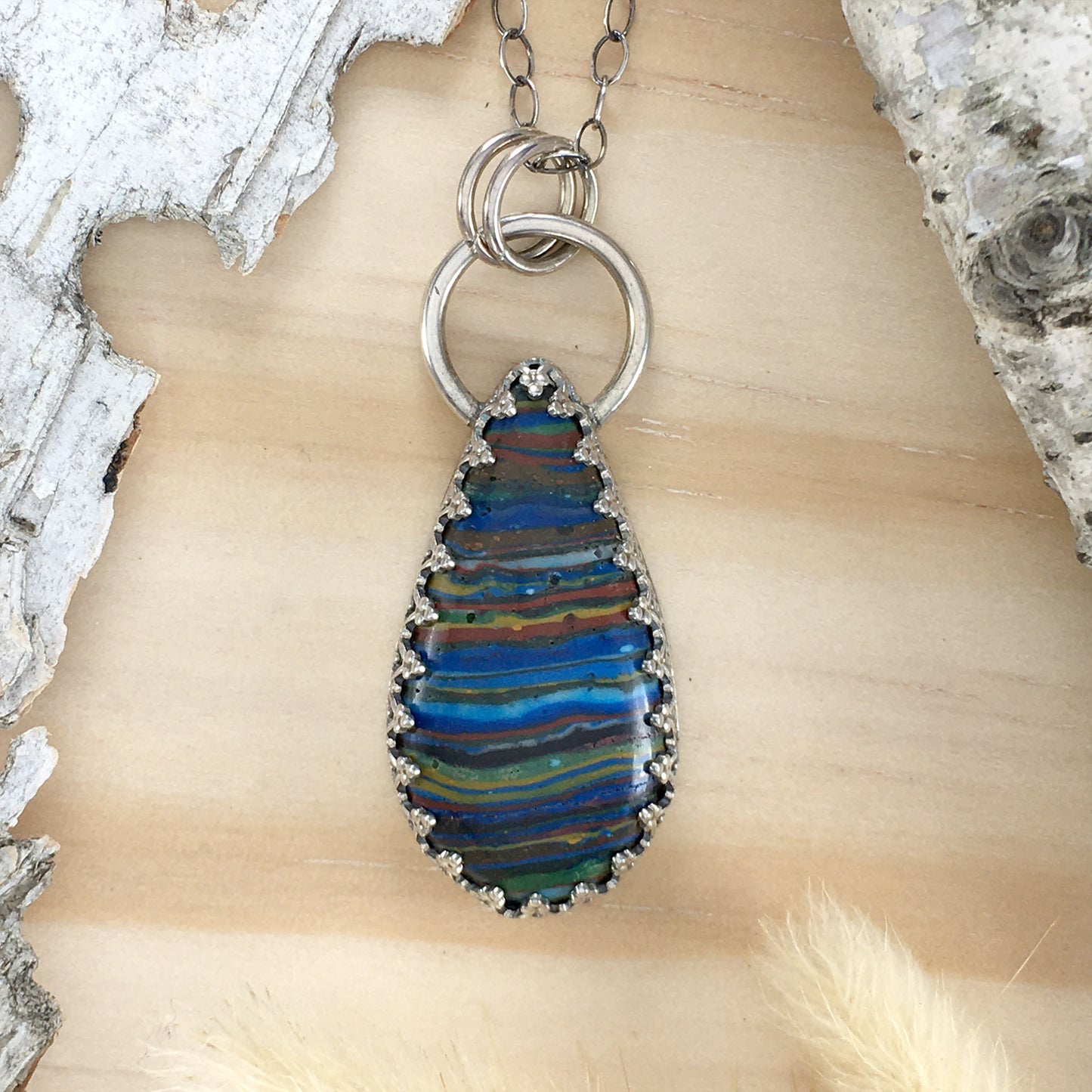 Rainbow Calsilica Pendant Necklace Front View III - Stone Treasures by the Lake