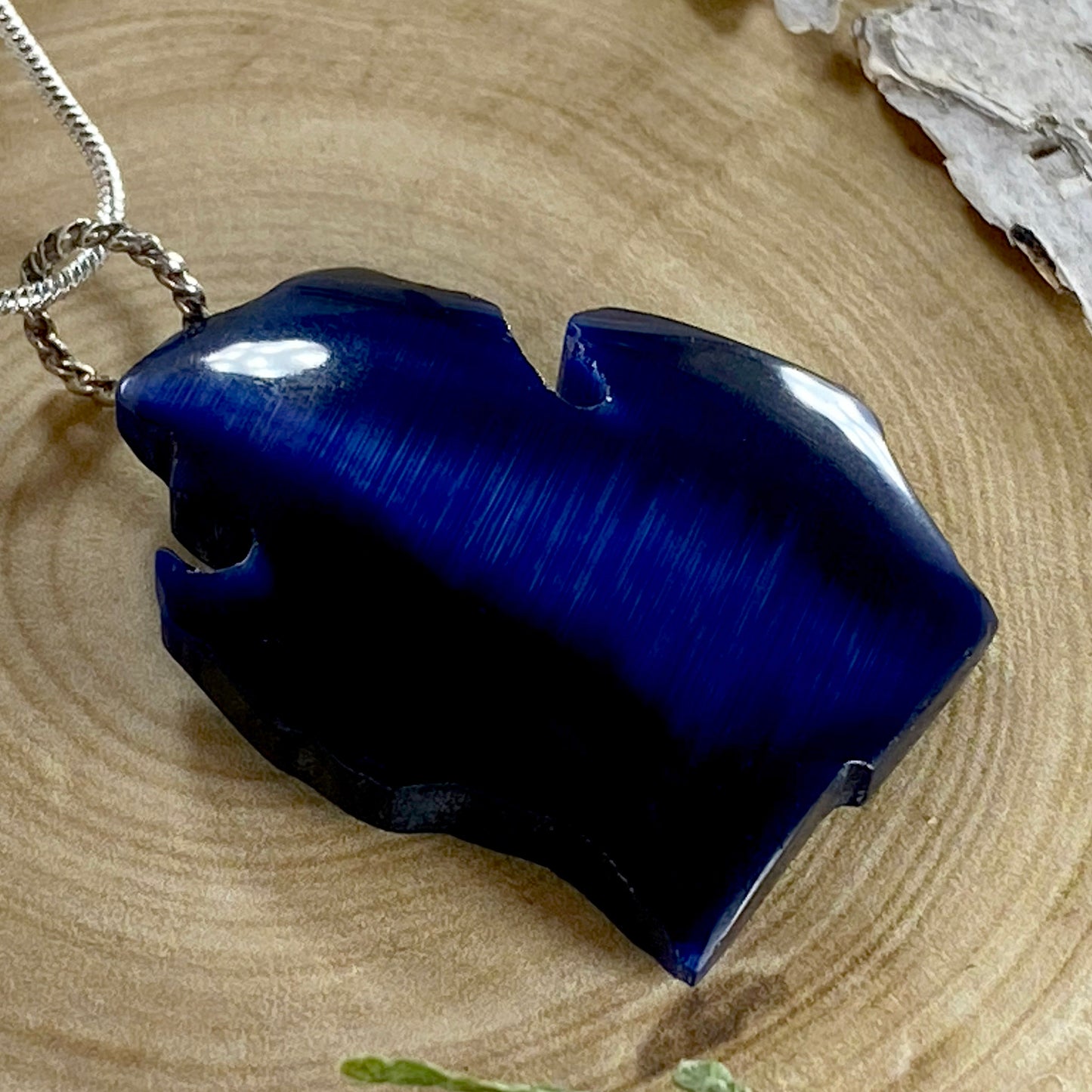 Michigan Shaped Fiber Optic Glass Pendant Necklace Front View II - Stone Treasures by the Lake